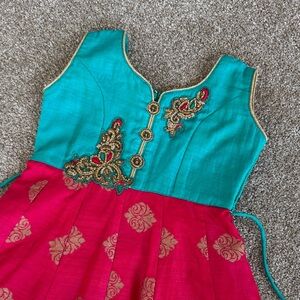 Girls Teal and Pink Embroidered Festive Dress